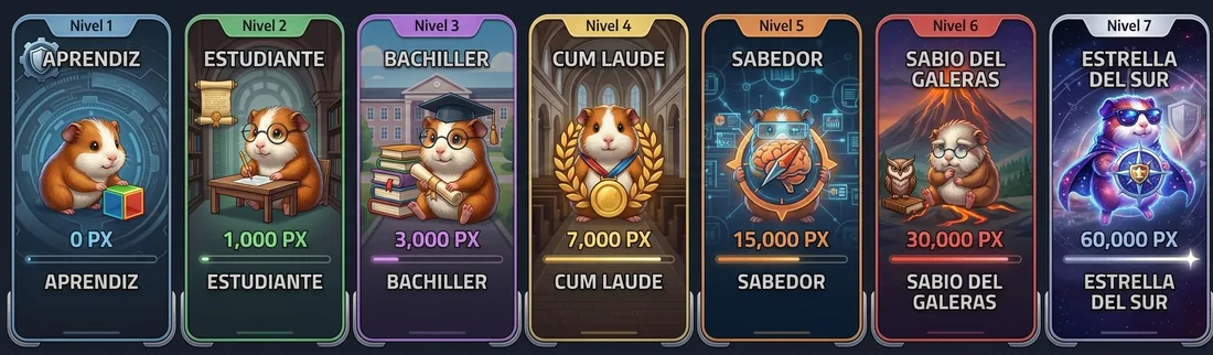 Los 7 niveles de gamificación: Aprendiz, Estudiante, Bachiller, Cum Laude, Sabedor, Sabio del Galeras y Estrella del Sur